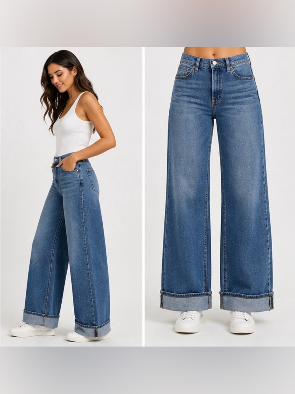 Hudson Jeans Wide Leg Cuffed Jeans in Light Blue Denim - Picture 3 of 14